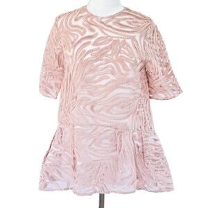 ALEXIS Embroidered Mesh Short Sleeve Sheer Peplum Top Small Dusty Pink Oversized